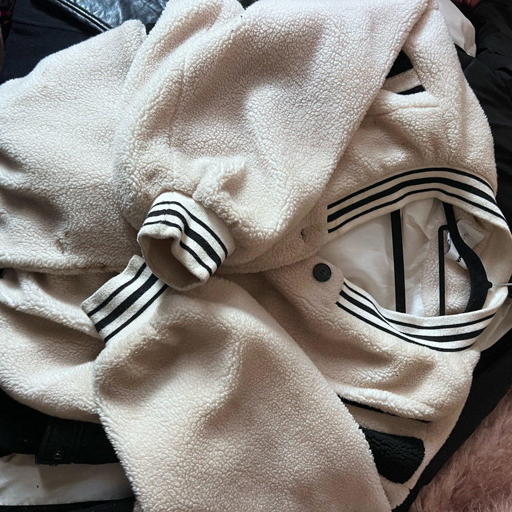 Fashion Nova Cream Varsity Jacket with Striped Accents
